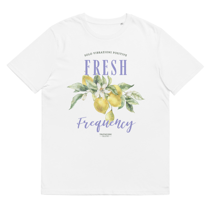 White organic t-shirt with lemon graphic and text 'Fresh frequency' on a white background
