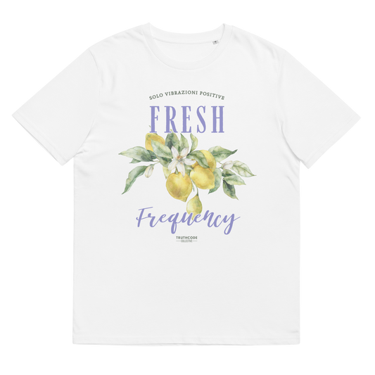 White organic t-shirt with lemon graphic and text 'Fresh frequency' on a white background