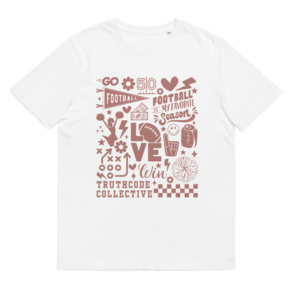 White organic t-shirt with football collage graphic design and text 'Football is my favorite season' on a white background