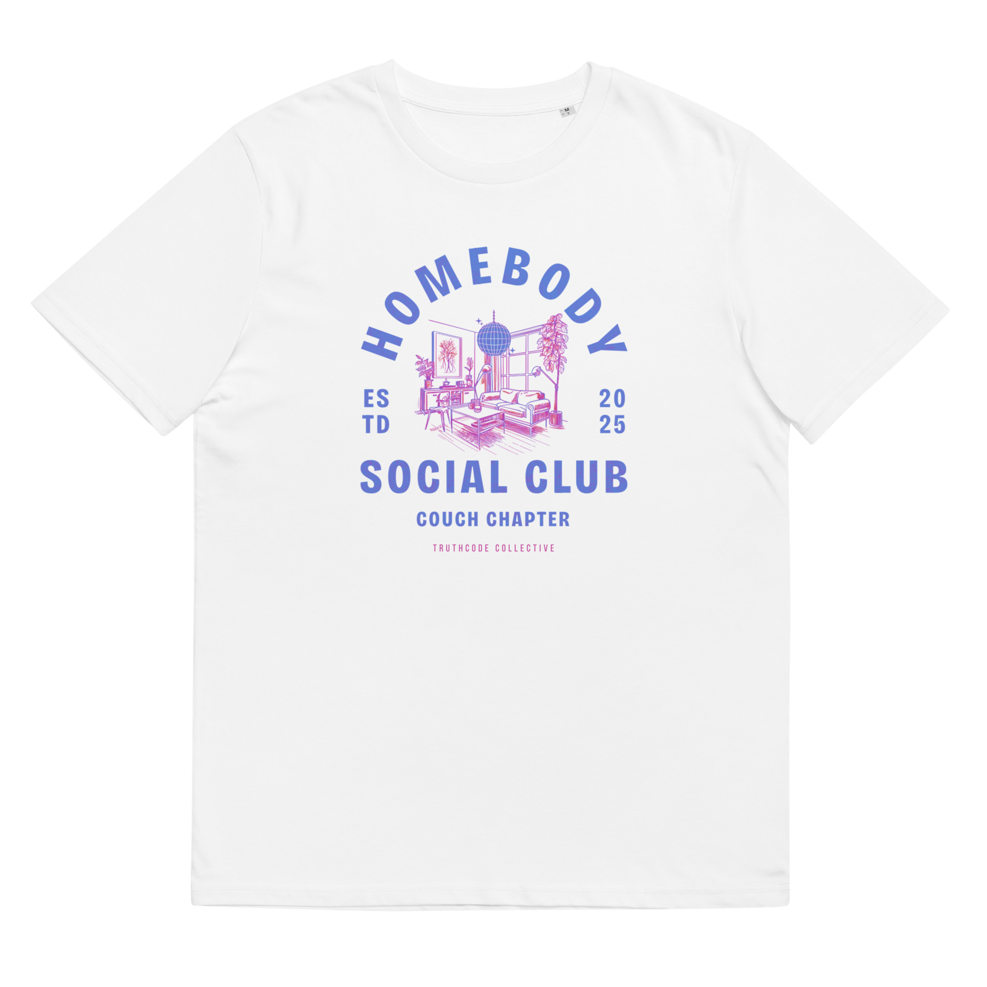White organic t-shirt with 'Homebody Social Club, couch chapter' and graphic design of a sitting room, shirt on a white background