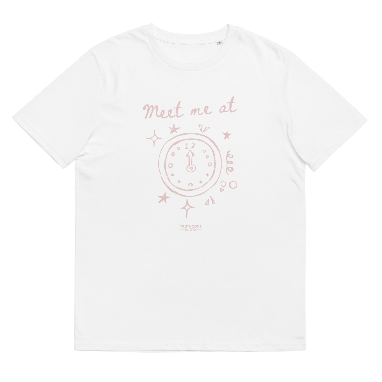 White organic t-shirt with a clock design and text 'Meet me at' and clock pointing to midnight, shirt on a white background