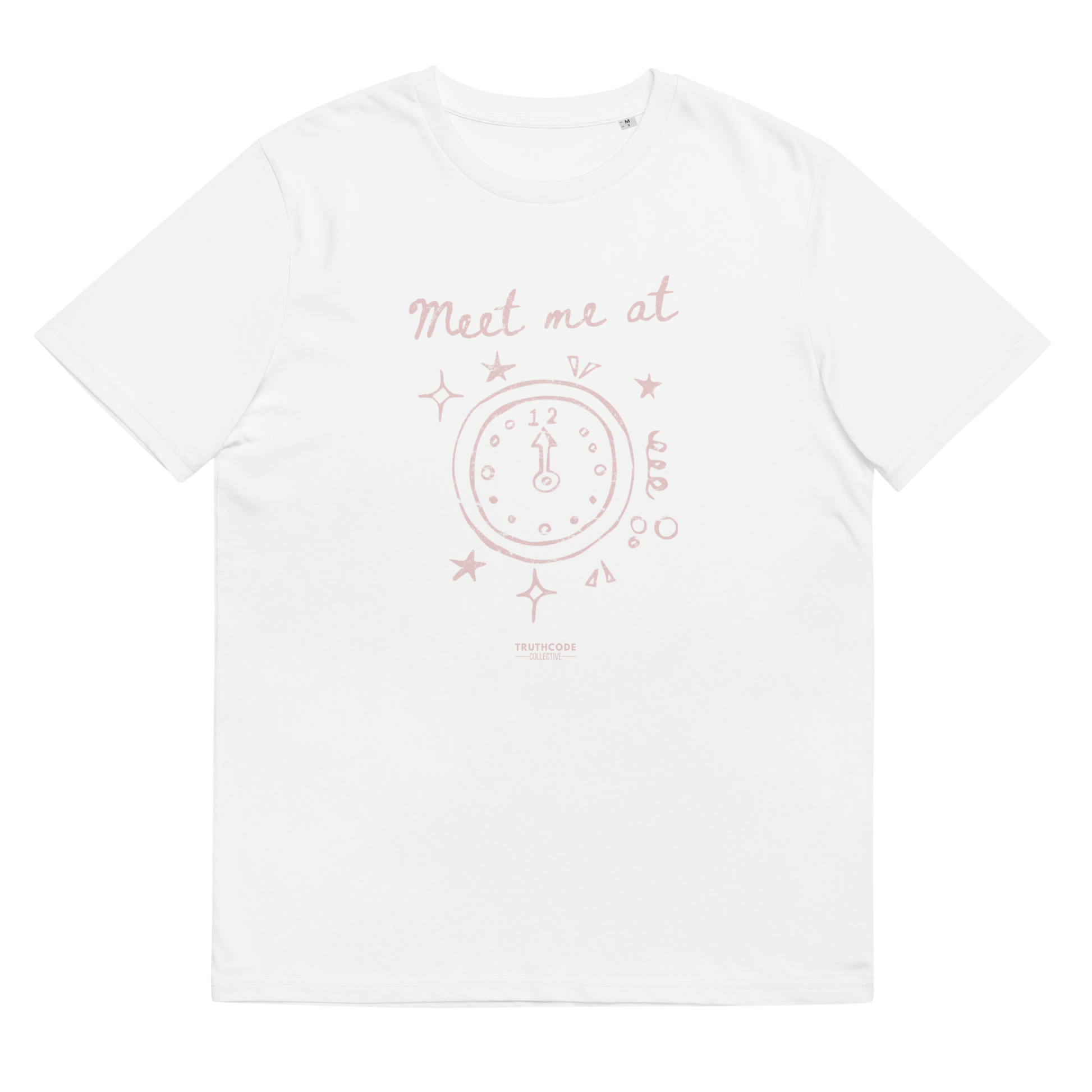 White organic t-shirt with a clock design and text 'Meet me at' and clock pointing to midnight, shirt on a white background