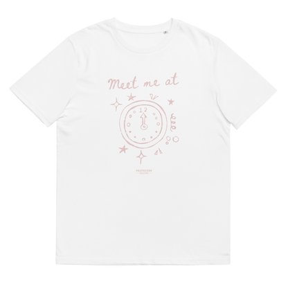 White organic t-shirt with a clock design and text 'Meet me at' and clock pointing to midnight, shirt on a white background