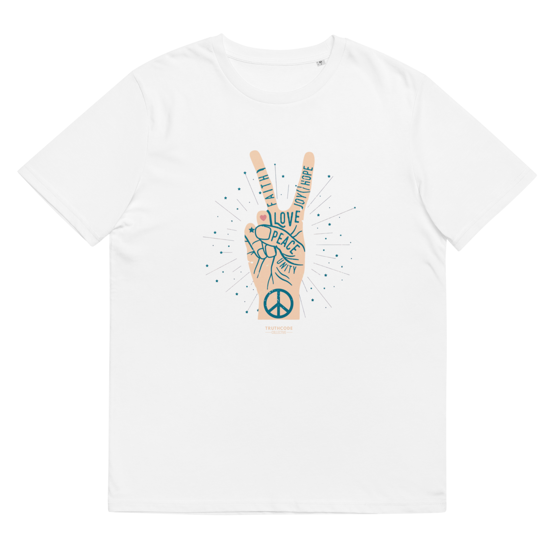 White organic t-shirt with a peace sign design and text throughout the hand 'Faith, joy, hope, love, peace, unity', shirt on a white background