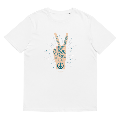 White organic t-shirt with a peace sign design and text throughout the hand 'Faith, joy, hope, love, peace, unity', shirt on a white background