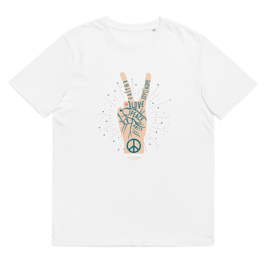 White organic t-shirt with a peace sign design and text throughout the hand 'Faith, joy, hope, love, peace, unity', shirt on a white background
