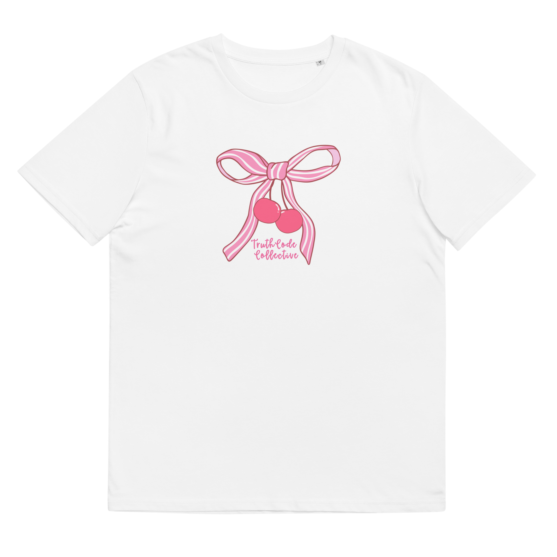 White organic t-shirt with pink bow and cherry design on a white background