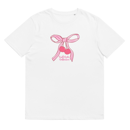 White organic t-shirt with pink bow and cherry design on a white background