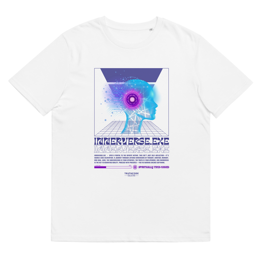 White organic t-shirt with a futuristic design featuring a woman's silhouette and technology elements and text 'Innerverse.exe' on a white background.