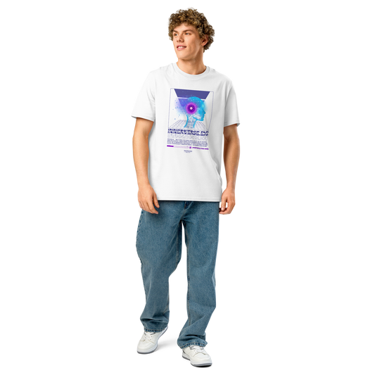 Guy wearing white organic t-shirt with a futuristic design featuring a woman's silhouette and technology elements and text 'Innerverse.exe' on a white background.