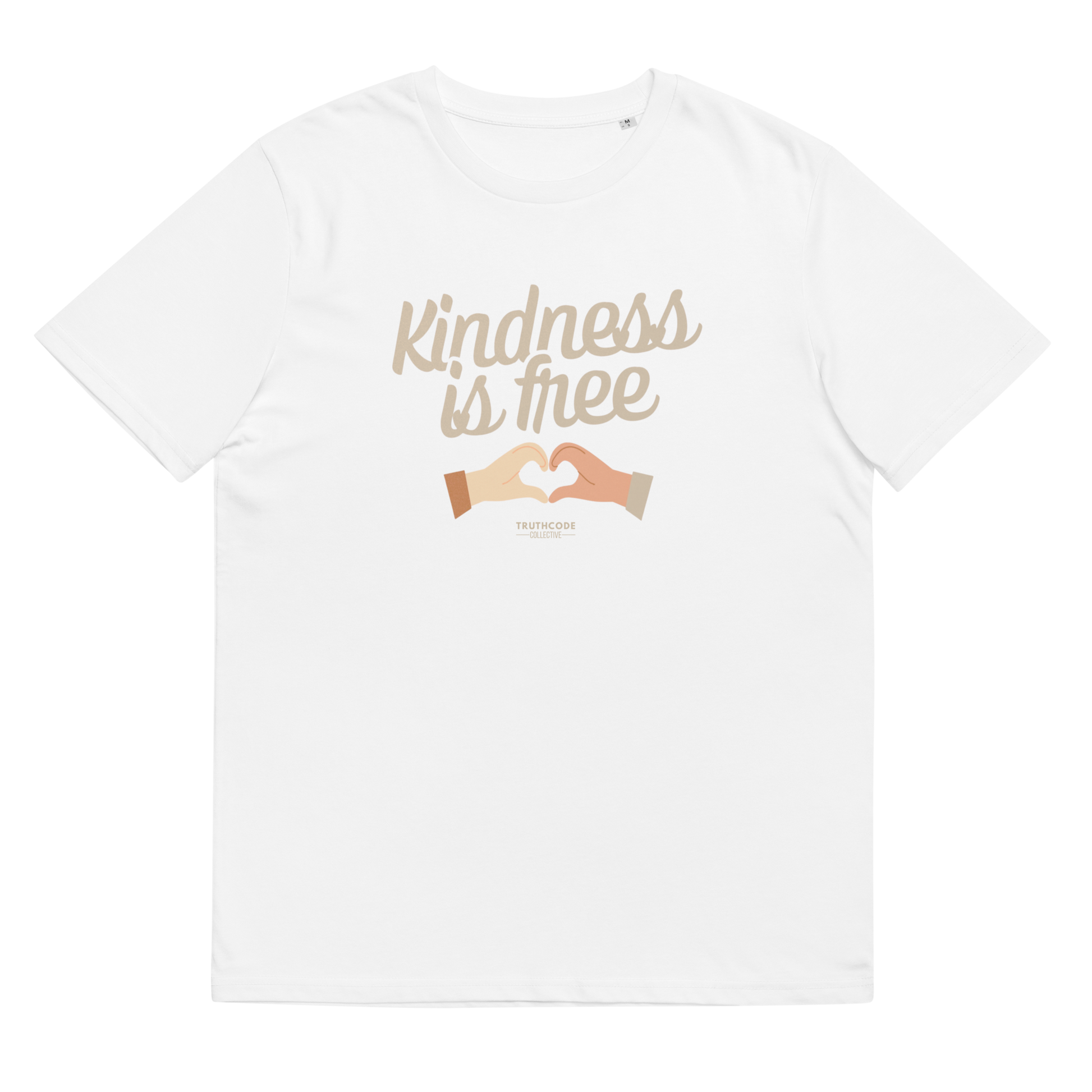 White organic t-shirt with 'Kindness is free' text and heart hands graphic, shirt on a white background