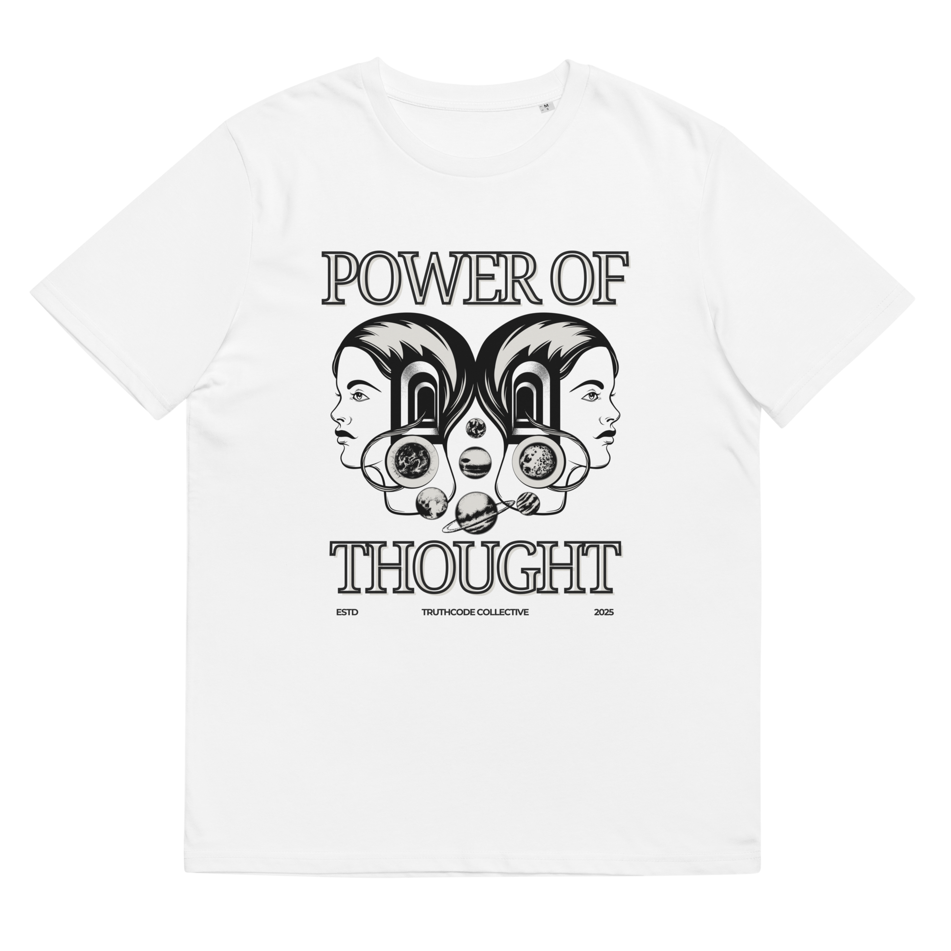 White organic t-shirt with 'Power of Thought' text and graphic design, shirt on a white background