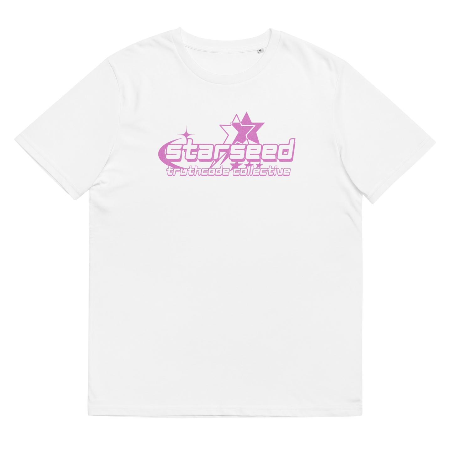 White organic t-shirt with pink text 'Starseed' and star graphic design, shirt on a white background