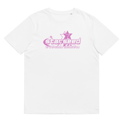 White organic t-shirt with pink text 'Starseed' and star graphic design, shirt on a white background