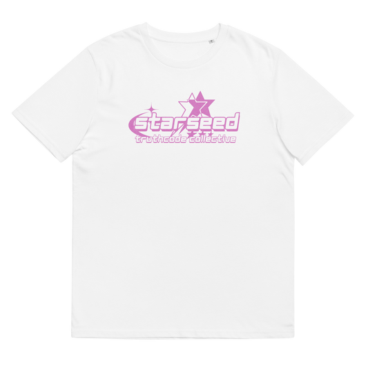 White organic t-shirt with pink text 'Starseed' and star graphic design, shirt on a white background