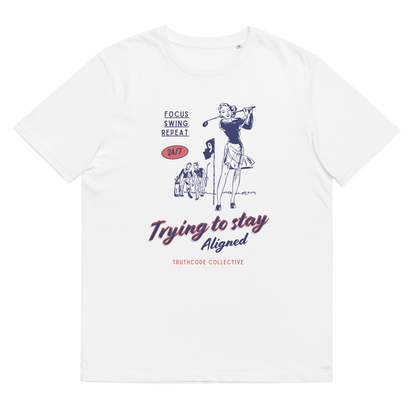 White organic t-shirt with vintage style graphic design of a golfer and text 'Trying to stay aligned' on a white background