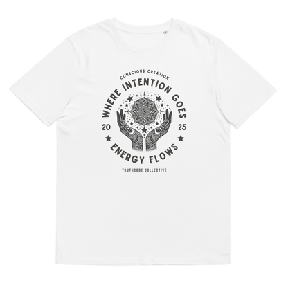 White organic t-shirt with graphic design of hands around a mandala and text 'Where intention goes energy flows' on a white background