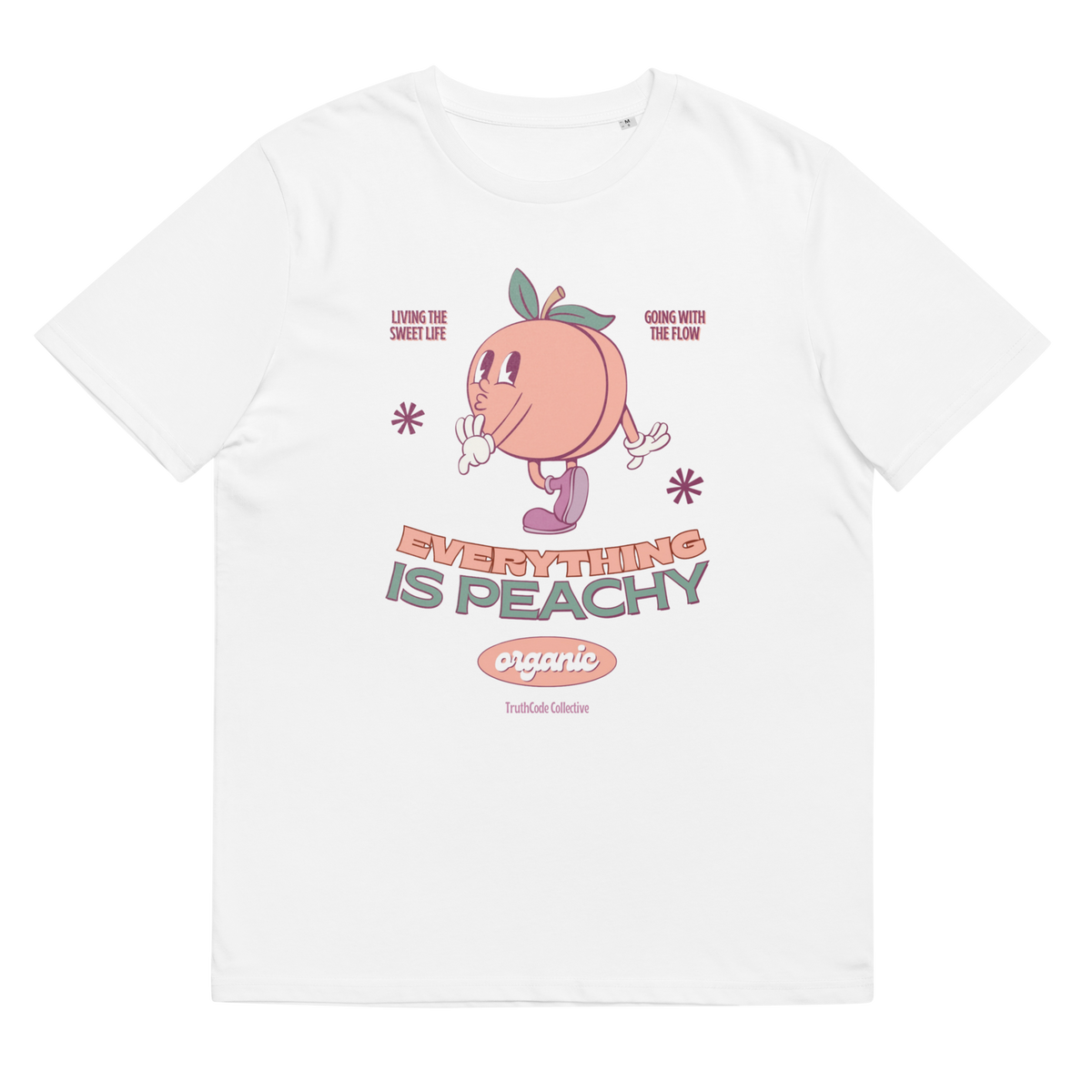 White organic t-shirt with a cartoon peach character and text 'Everything is peachy' on a white background