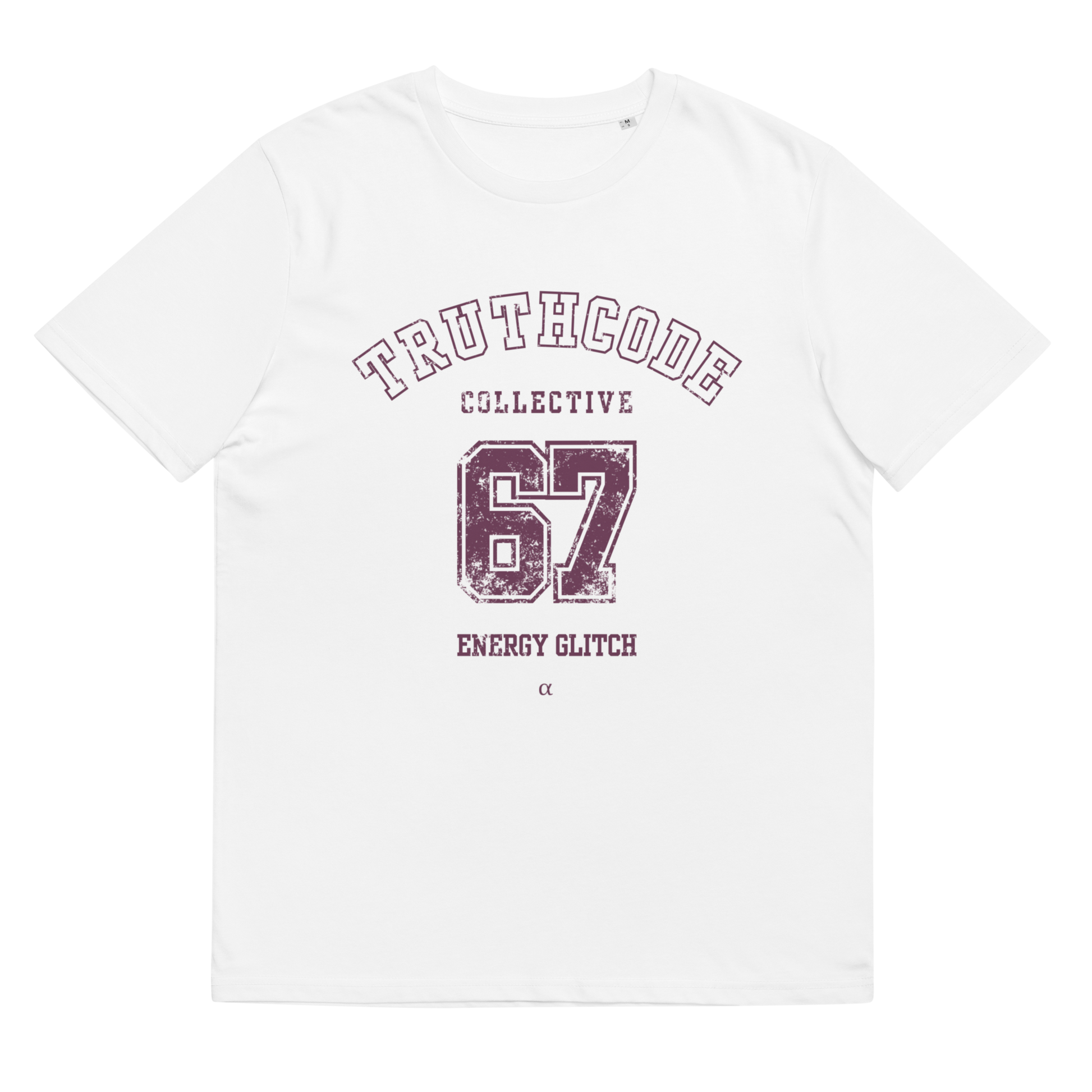 White organic t-shirt with 'Truthcode Collective 67 Energy Glitch' text on a white background
