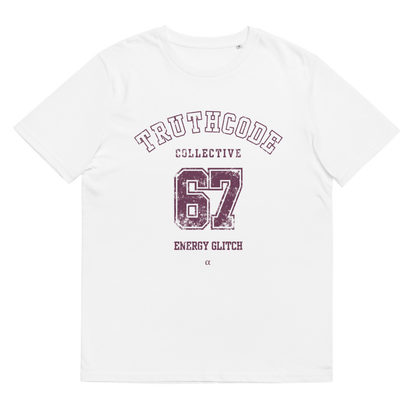 White organic t-shirt with 'Truthcode Collective 67 Energy Glitch' text on a white background