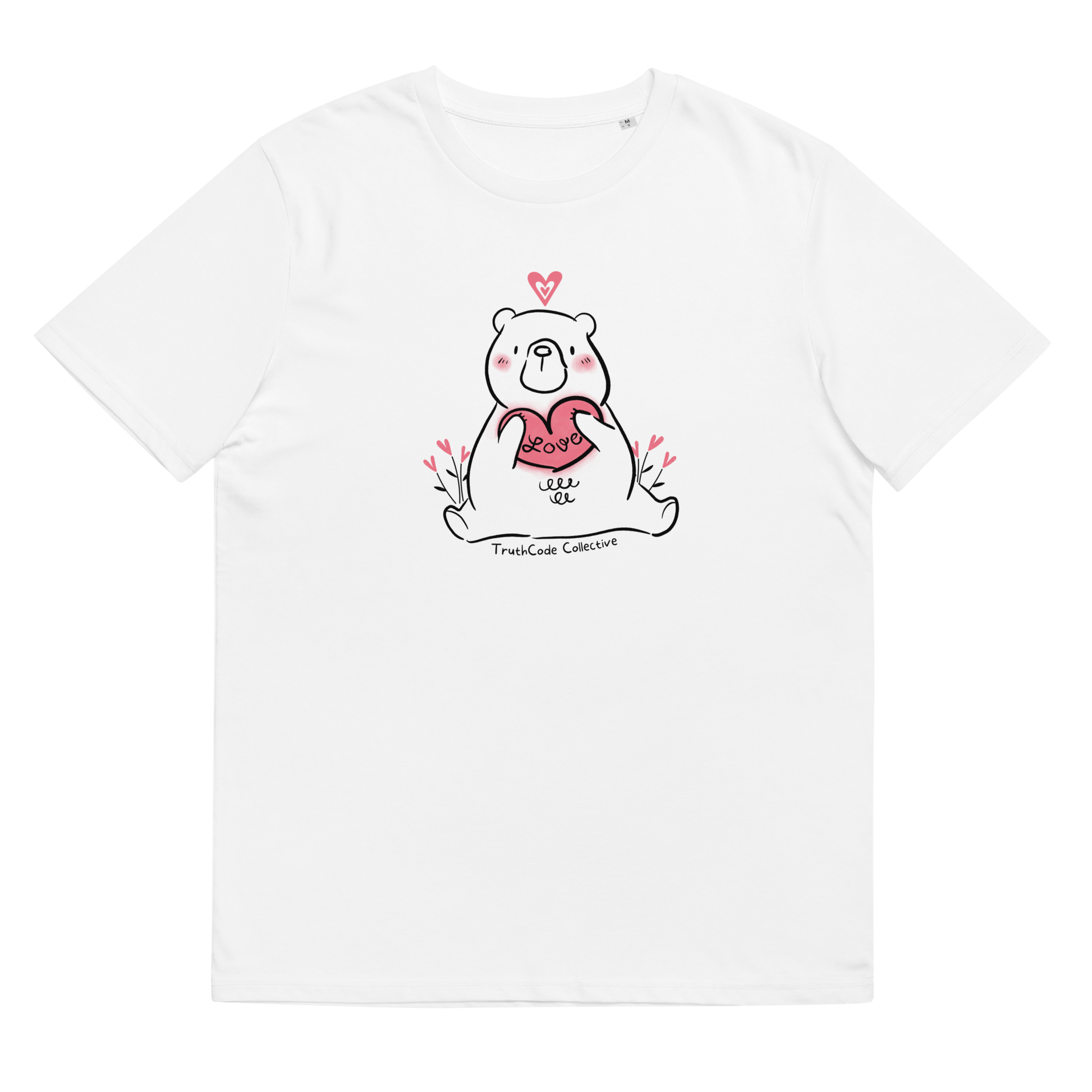 White organic t-shirt with a bear holding a heart graphic and 'Love' text on a white background