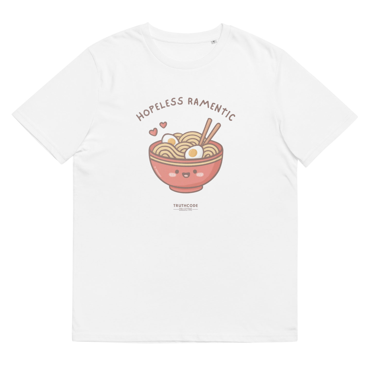 White organic t-shirt with a cartoon ramen bowl graphic and text 'Hopeless ramentic' on a white background
