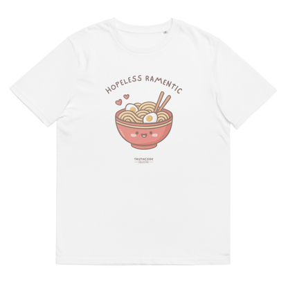 White organic t-shirt with a cartoon ramen bowl graphic and text 'Hopeless ramentic' on a white background