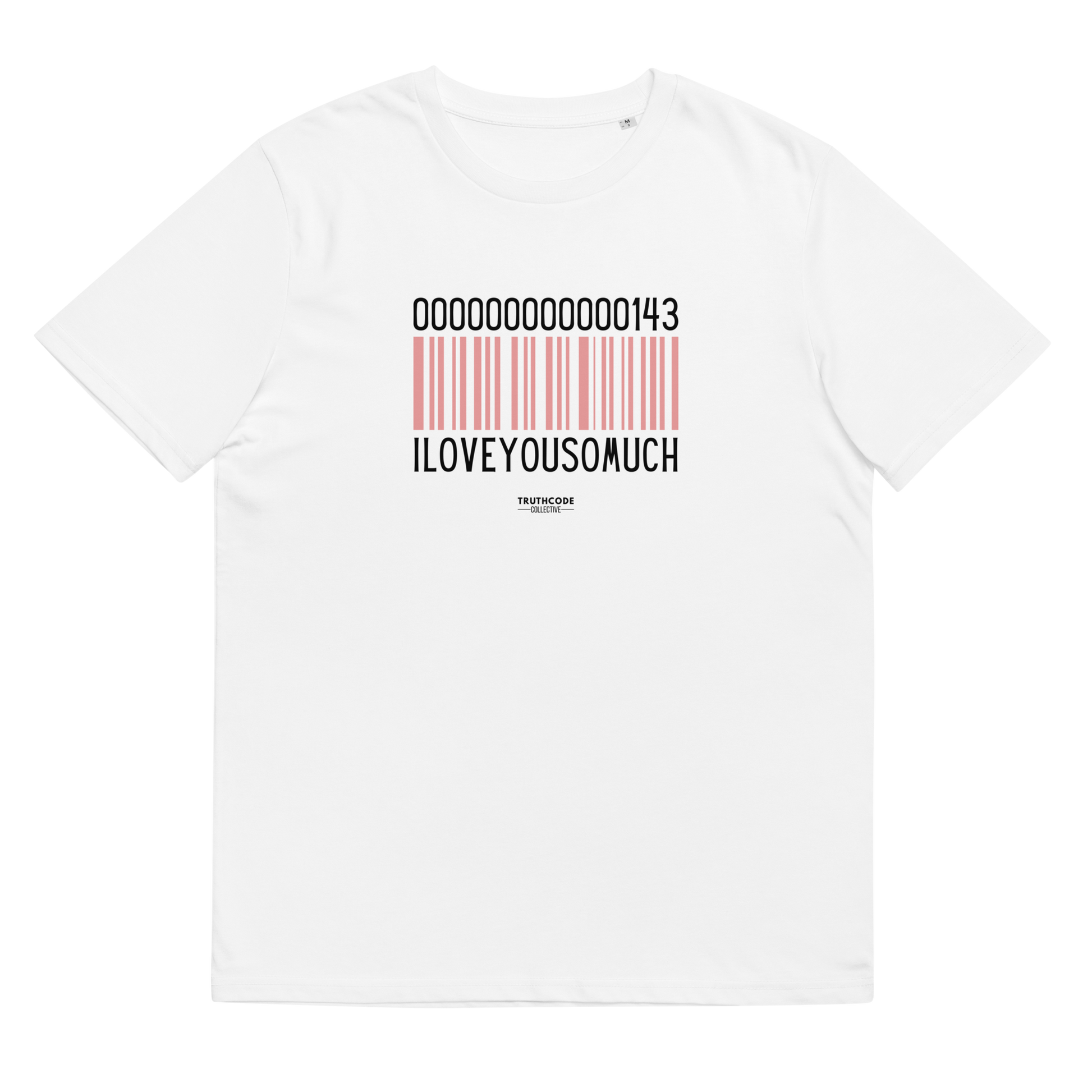 White organic t-shirt with a barcode design and numbers 143, with text 'I love you so much' on a white background