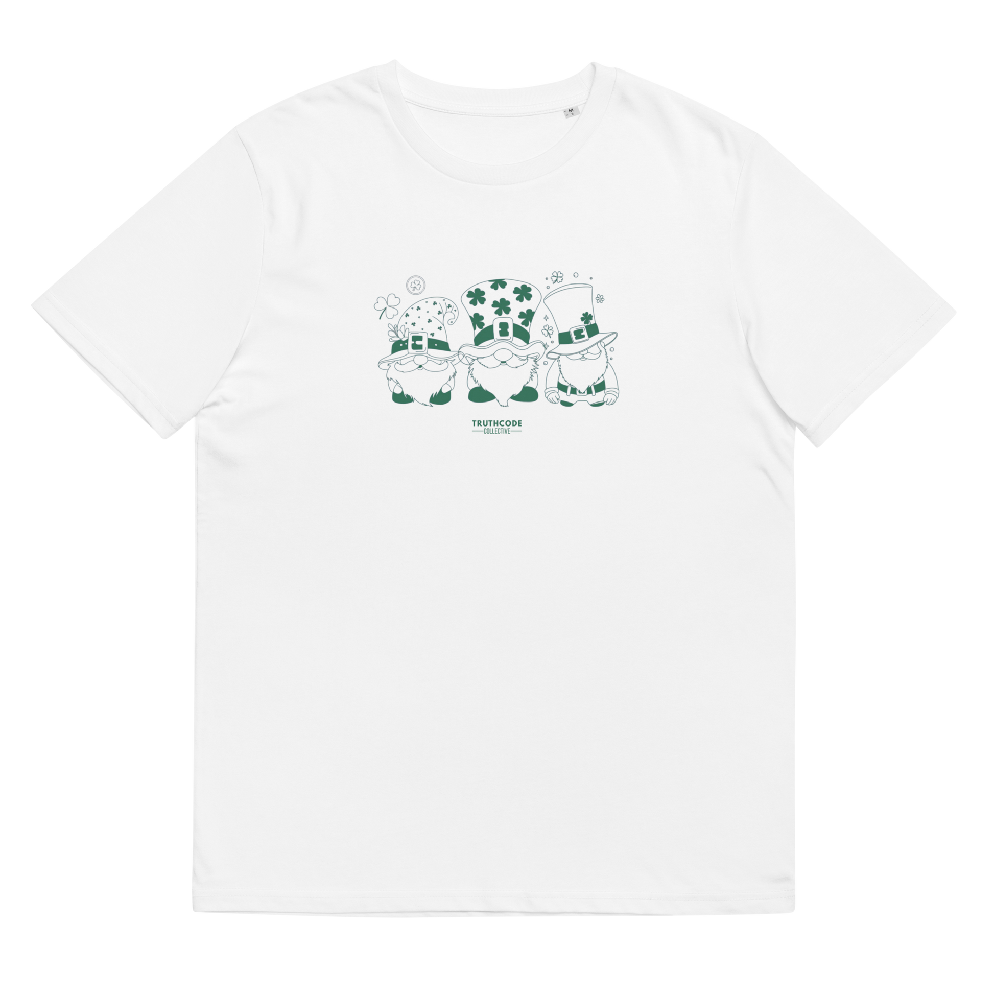 White organic t-shirt with green graphic design of 3 gnome leprechauns, shirt on a white background