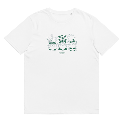White organic t-shirt with green graphic design of 3 gnome leprechauns, shirt on a white background