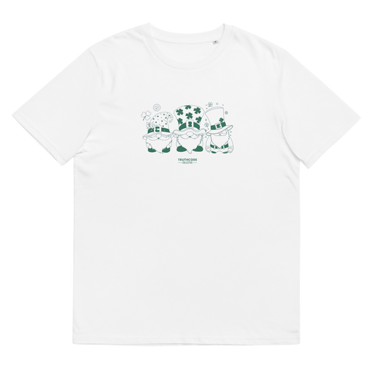 White organic t-shirt with green graphic design of 3 gnome leprechauns, shirt on a white background