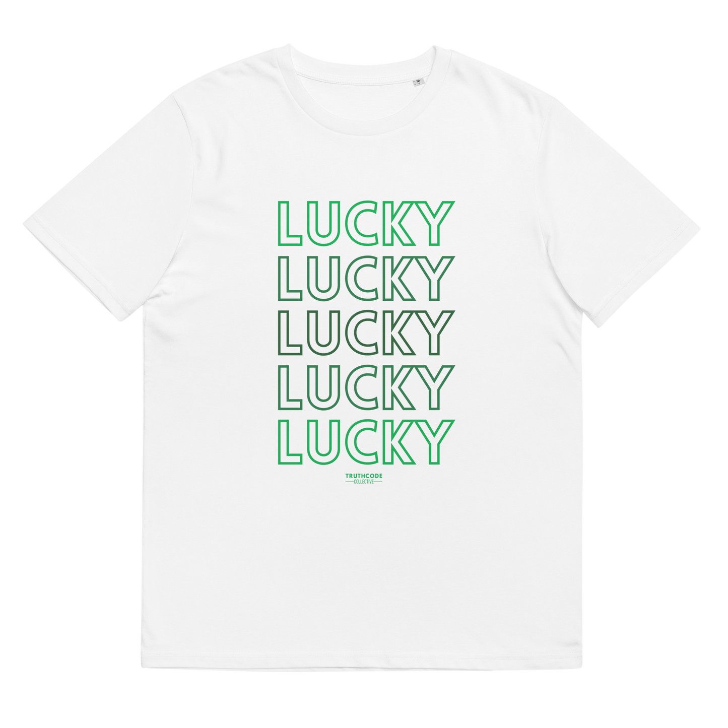 White organic t-shirt with 'LUCKY' text in green on a white background