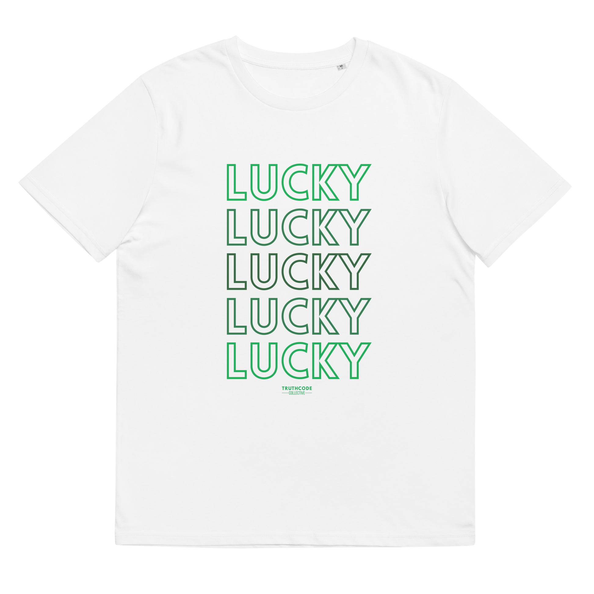 White organic t-shirt with 'LUCKY' text in green on a white background
