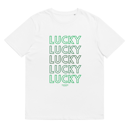 White organic t-shirt with 'LUCKY' text in green on a white background