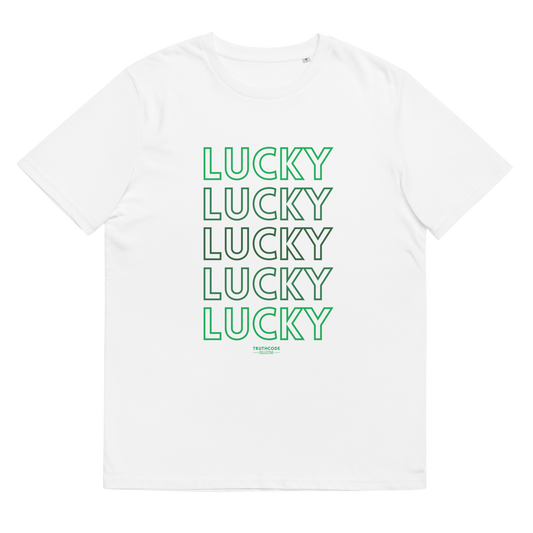 White organic t-shirt with 'LUCKY' text in green on a white background