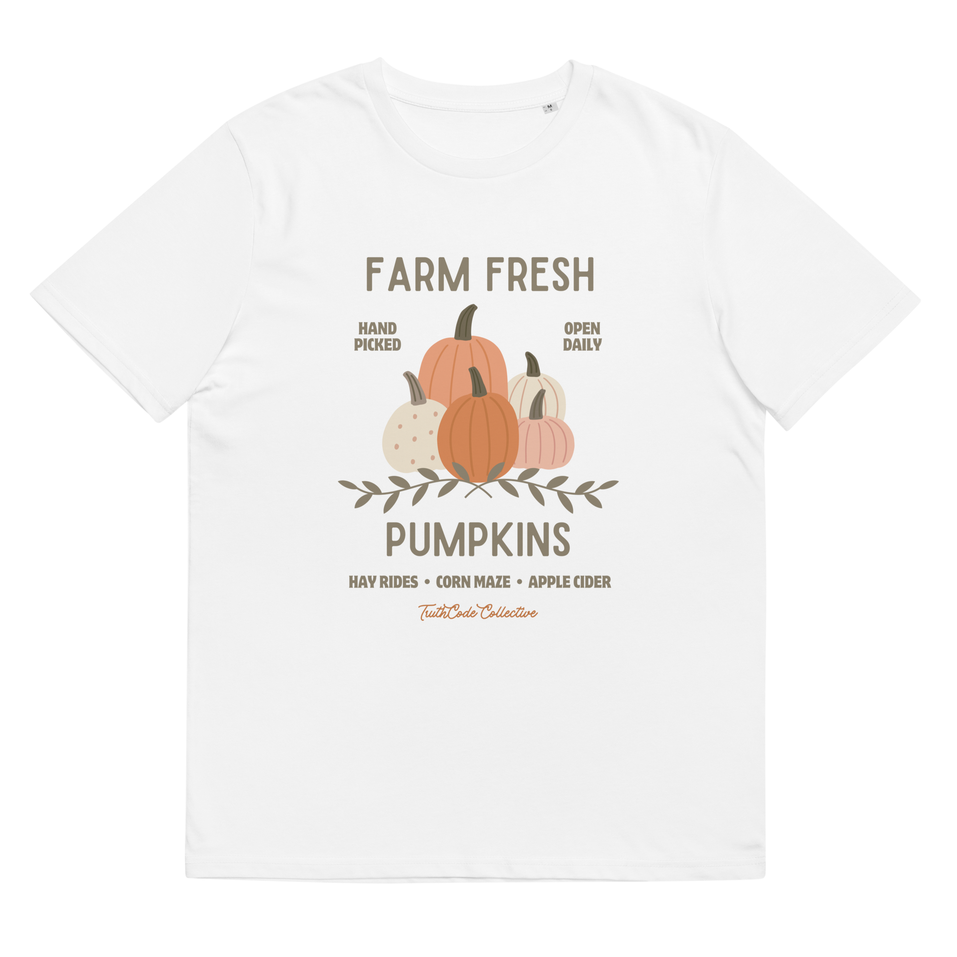White organic t-shirt with pumpkin graphic and text 'Farm fresh pumpkins, hay rides, corn maze, apple cider'  on a white background