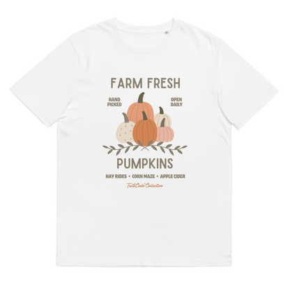 White organic t-shirt with pumpkin graphic and text 'Farm fresh pumpkins, hay rides, corn maze, apple cider'  on a white background