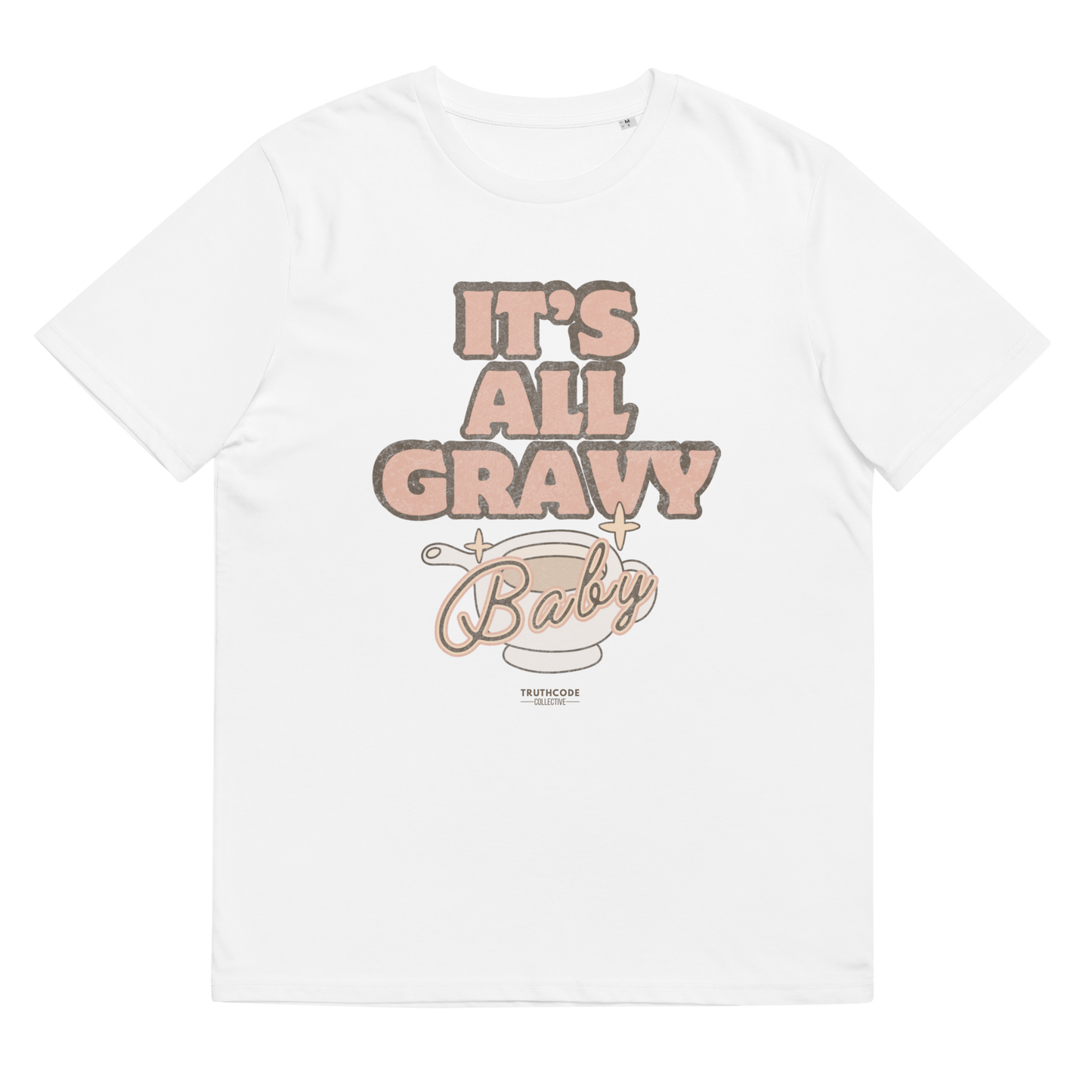 White organic t-shirt with 'It's All Gravy Baby' text with a gravy boat graphic design on a white background