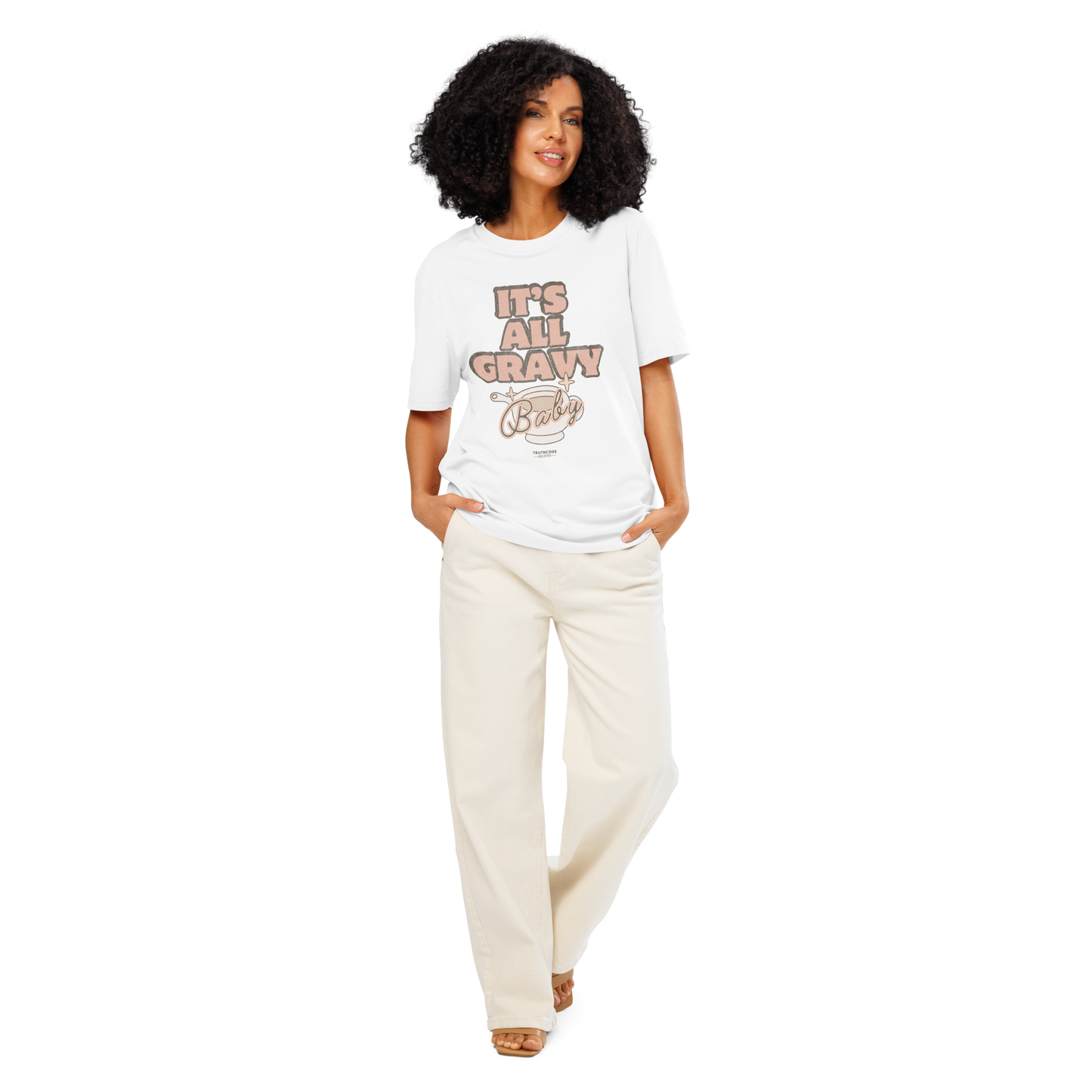 Woman wearing white organic t-shirt with 'It's All Gravy Baby' text with a gravy boat graphic design on a white background