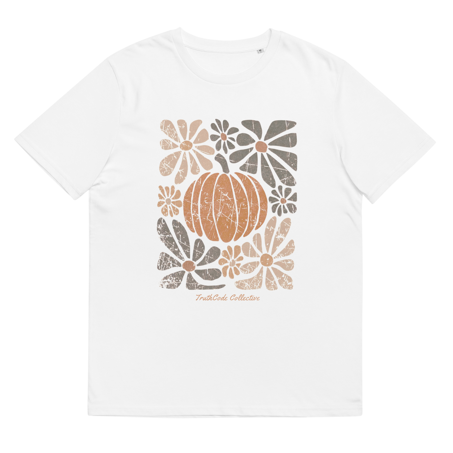 White organic t-shirt with a pumpkin and floral design on a white background