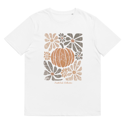 White organic t-shirt with a pumpkin and floral design on a white background