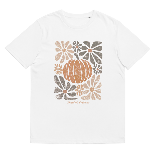 White organic t-shirt with a pumpkin and floral design on a white background