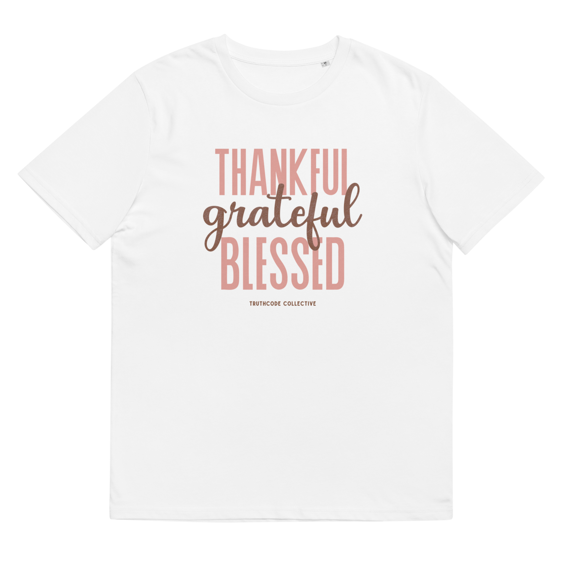 White organic t-shirt with 'Thankful grateful BLESSED' text design on a white background