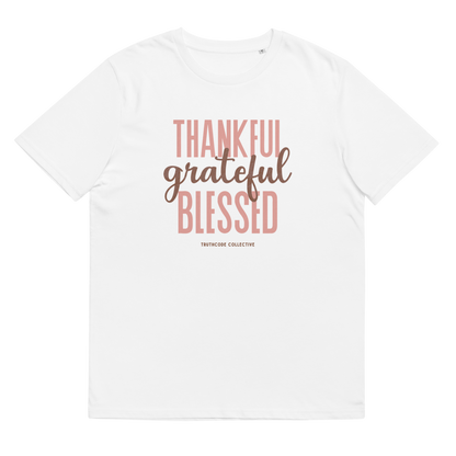 White organic t-shirt with 'Thankful grateful BLESSED' text design on a white background