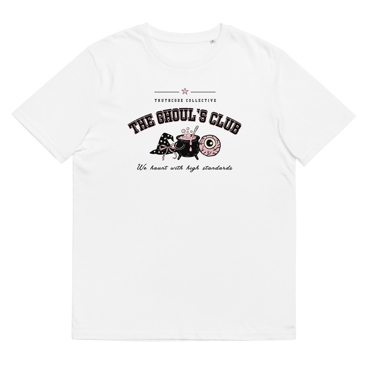White organic t-shirt with 'The Ghoul's Club' text and cartoon halloween graphic design on a white background