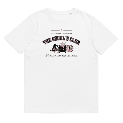 White organic t-shirt with 'The Ghoul's Club' text and cartoon halloween graphic design on a white background