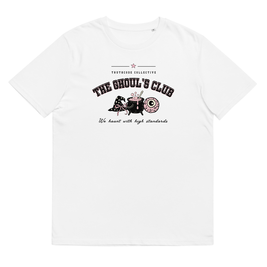 White organic t-shirt with 'The Ghoul's Club' text and cartoon halloween graphic design on a white background