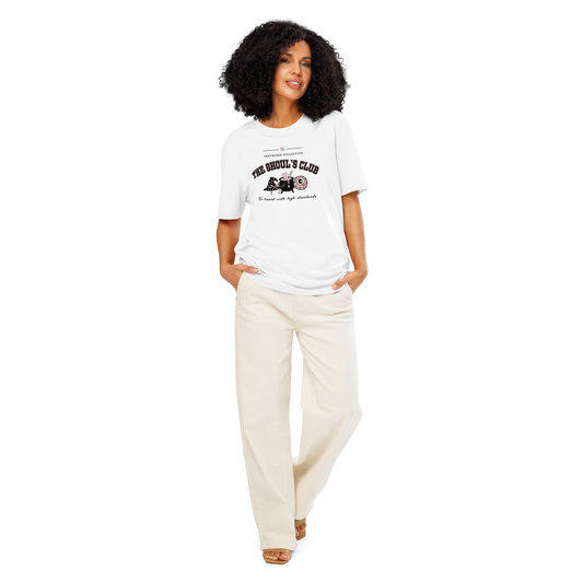 Woman wearing white organic t-shirt with 'The Ghoul's Club' text and cartoon halloween graphic design on a white background
