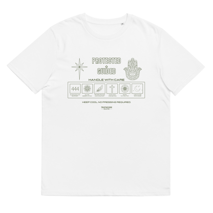 White organic t-shirt with 'Protected + Guided' text and laundry tag style graphic design with elements relating to protection on a white background