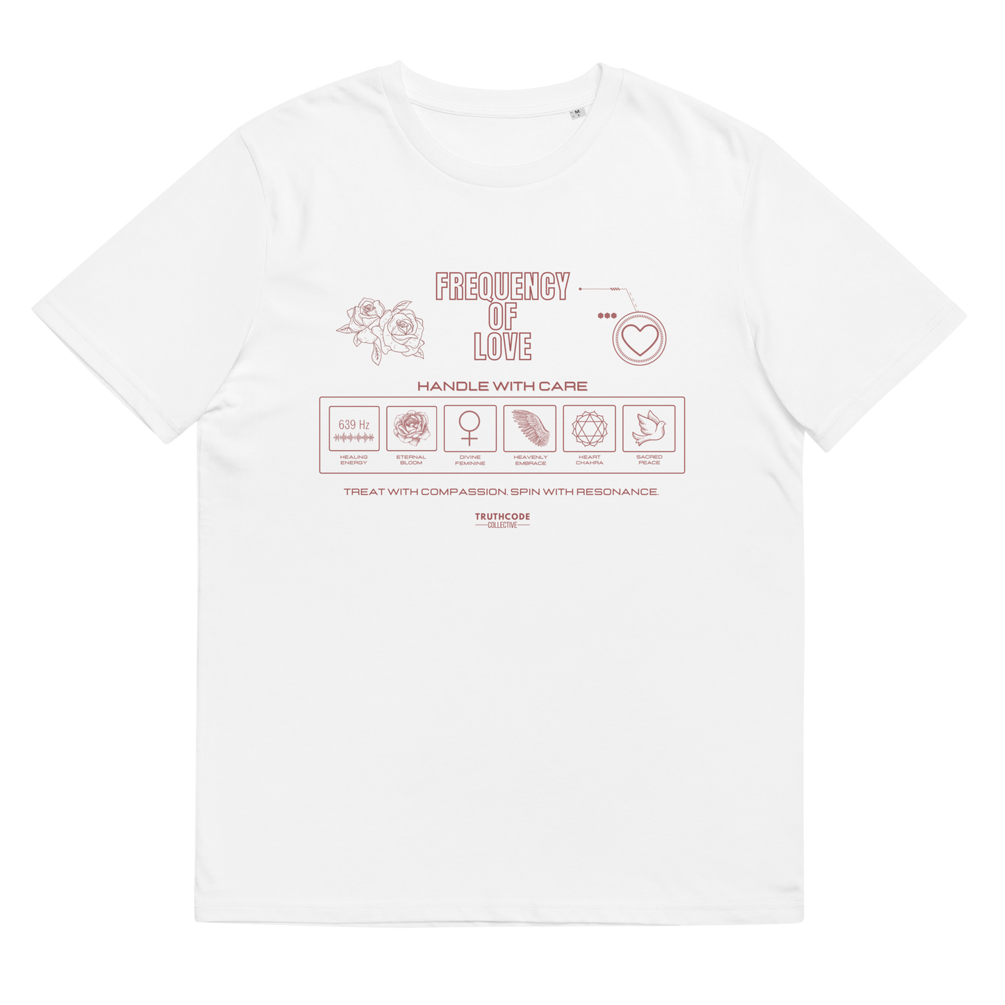White organic t-shirt with text 'Frequency of love' and laundry tag style graphics with symbols relating to love, on a white background